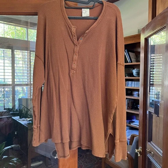 Brown Waffle Knit Henley Top - Picture 1 of 4